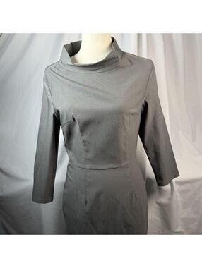 MUXXN Gray Sheath Dress 3/4 Sleeve Collared Mock Neck Midi Dress Sz Med Classic
